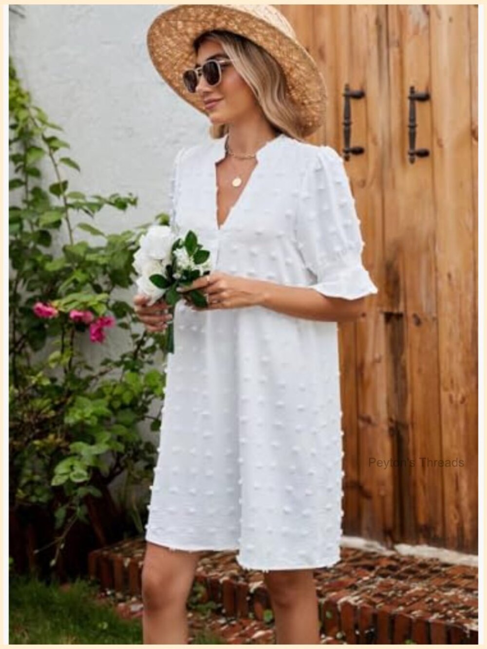 V Neck Ruffle Short Sleeve Shift Dress - Women's Casual Summer Mini Dress - Picture 2 of 7